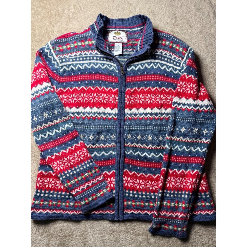 VTG Tiara International Women Fair Isle Zip Cardigan M Nordic Cabincore Chalet